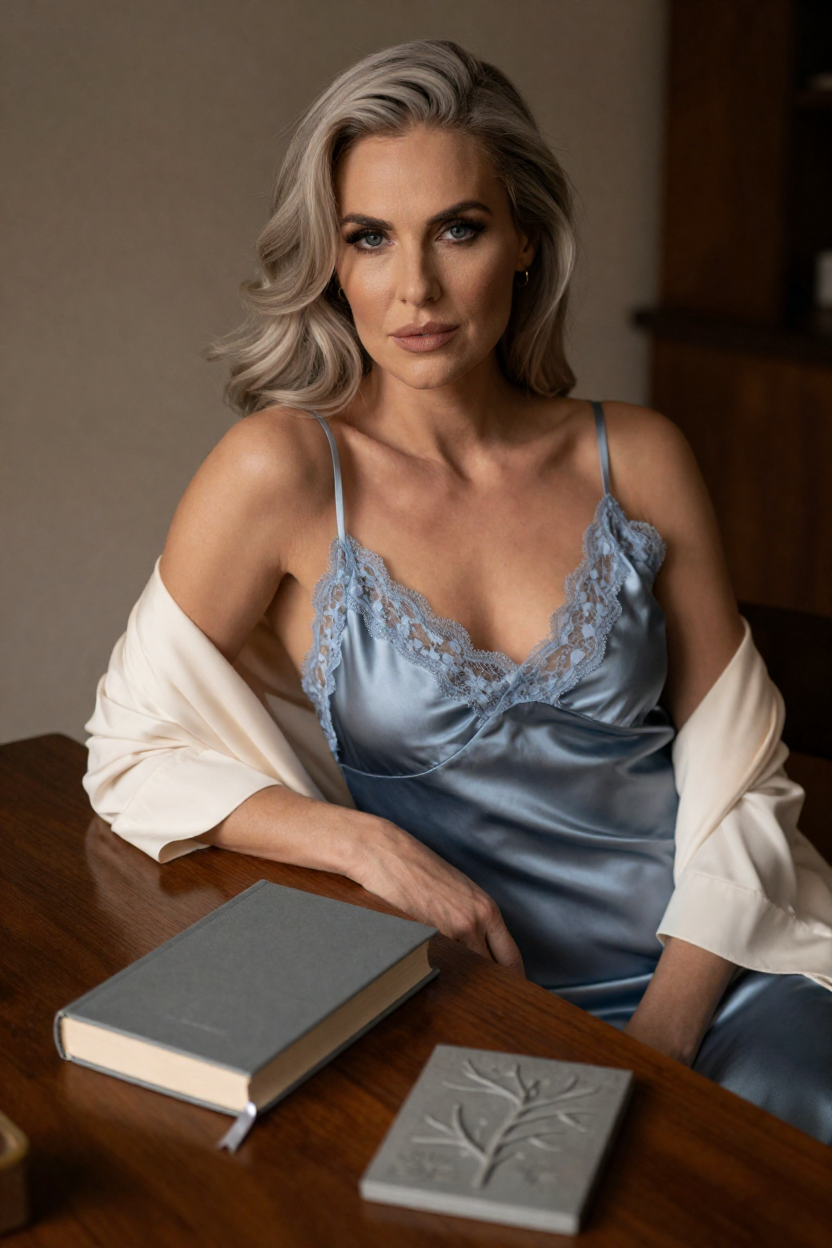 Photorealistic editorial portrait of a fictional adult woman, age 27, long silver-blonde hair in soft waves,