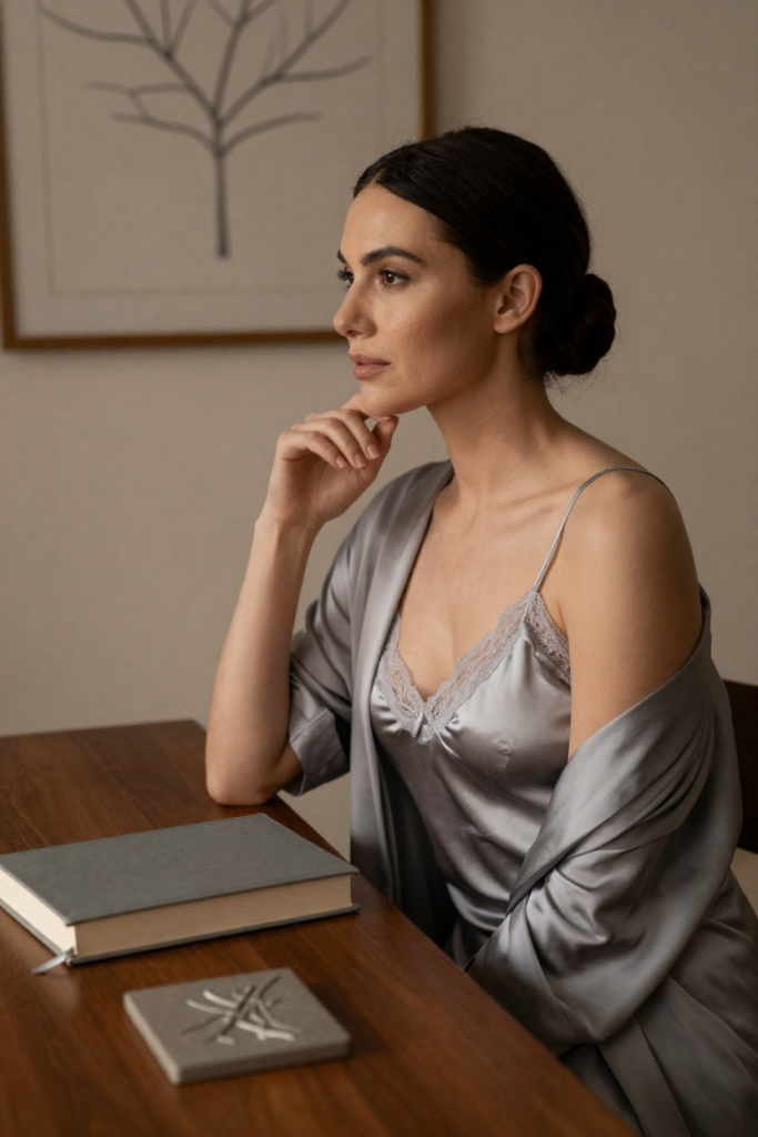 Woman in a silver-grey satin slip and robe beside a closed slate-grey biography and a stone plaque